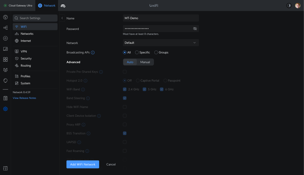 Процесс создания новой Wi-Fi сети UniFi