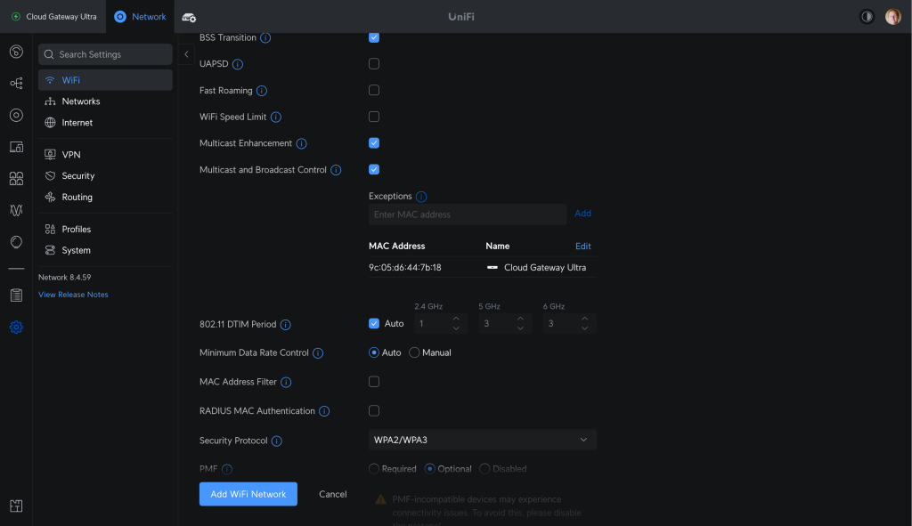Настройки Multicast Management в интерфейсе UniFi