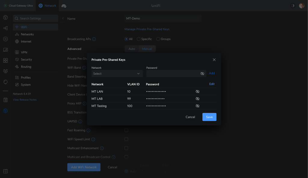 Процесс создания сети с PPSK