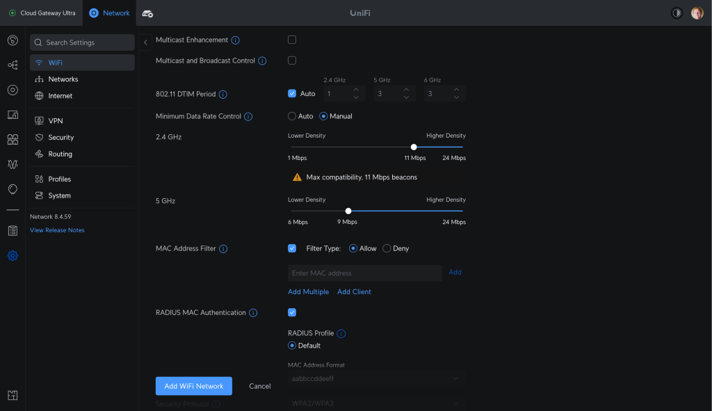 Настройки DTIM и управления минимальной скоростью передачи данных в интерфейсе UniFi